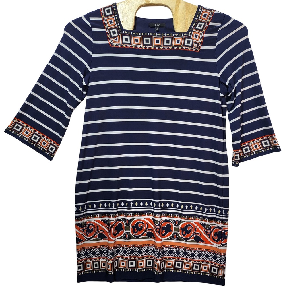 R&K Womens Navy Blue Striped Geometric Border Print Square Neck Sheath Dress‎ 18